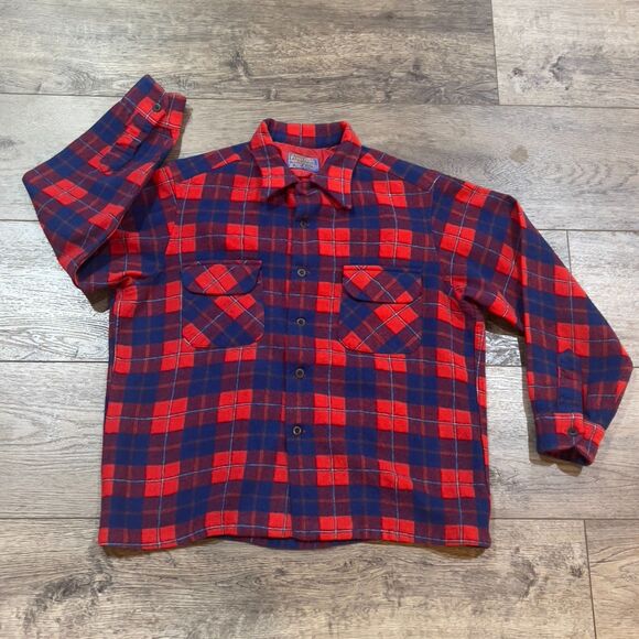 Vintage 60s/70s Pendleton Loop Virgin Wool Red Galloway Tartan Flannel XL - Picture 1 of 7
